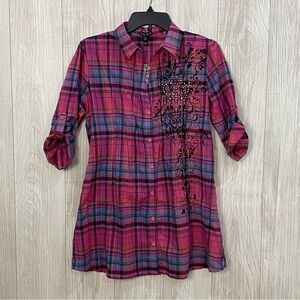 Deadstock Y2K FANG Plaid Blouse Top Shirt Studded Graphic Babydoll Fit Pink NWT